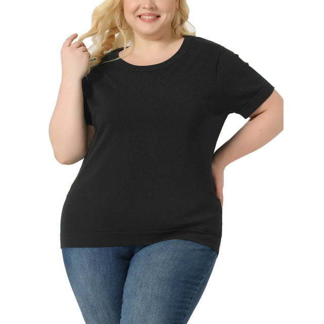 Camisas de punto de mujer de tallas grandes Agnes Orinda, de manga corta, cuello redondo, top casual negro 1X