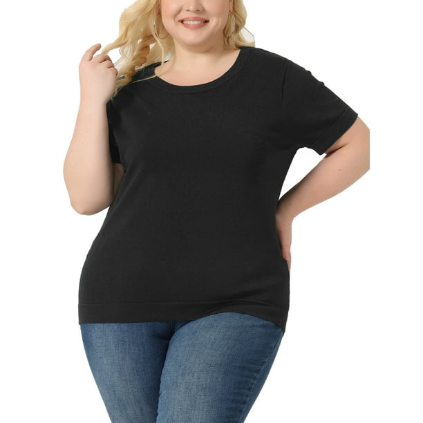 Camisas de punto de mujer de tallas grandes Agnes Orinda, de manga corta, cuello redondo, top casual negro 1X