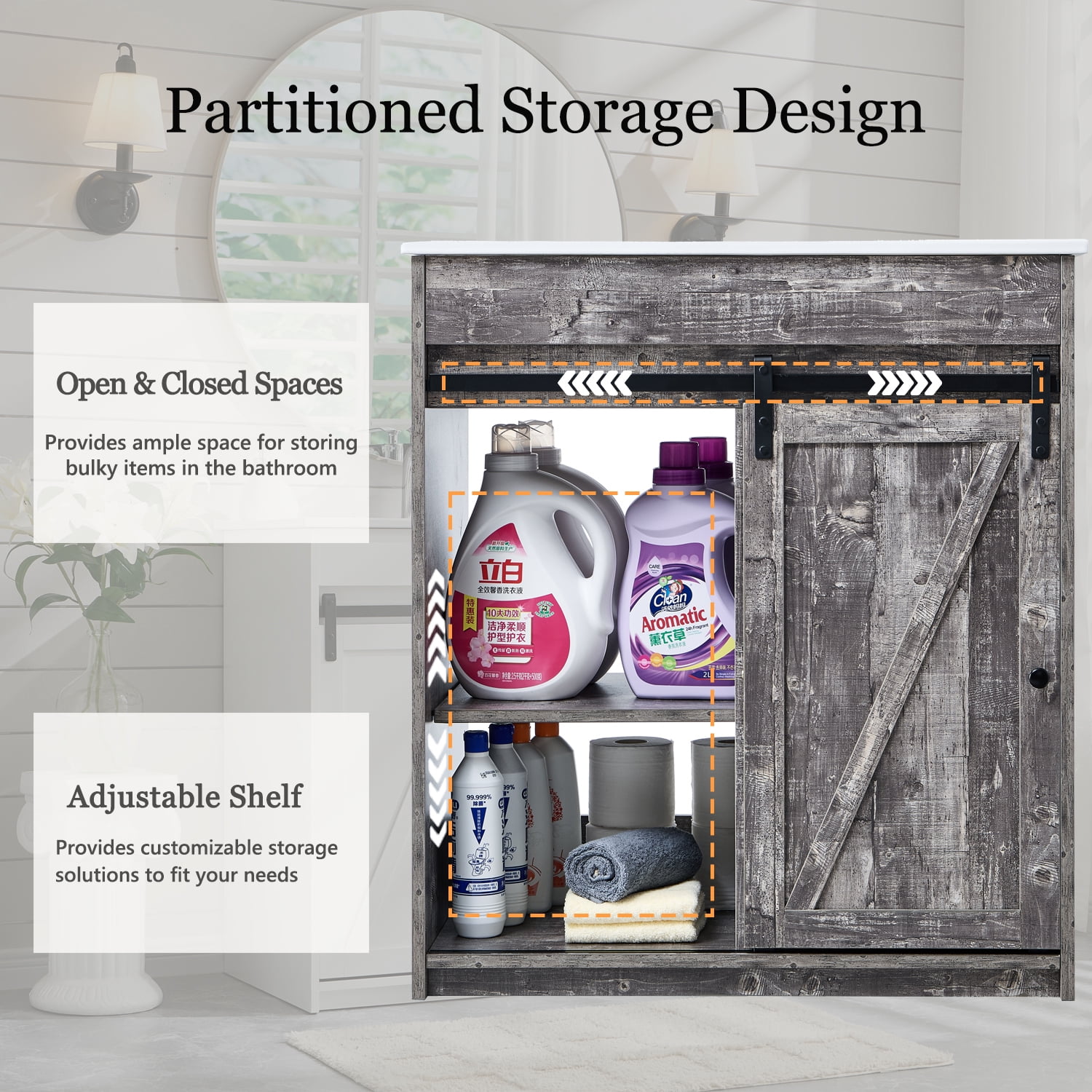 wow97e Farmhouse Bathroom Vanity with Sink, 24" Freestanding Bathroom Vanity Cabinet with Sliding Barn Door, 3 Storage Drawers & Adjustable Shelves