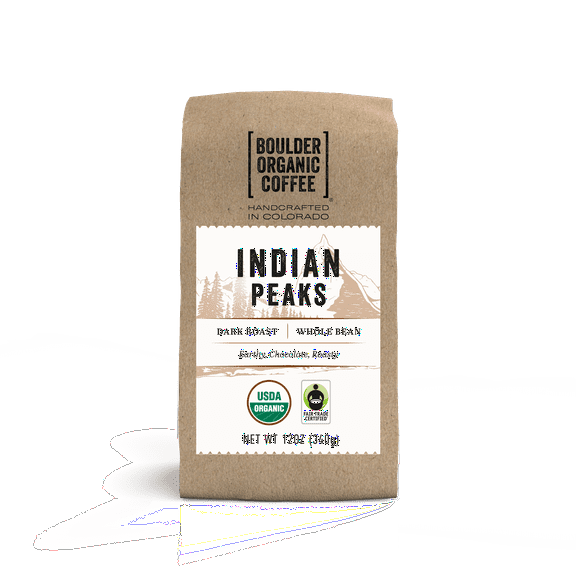 Boulder Organic Indian Peaks Organic & Fair Trade Whole Bean Coffee, Dark Roast, 12 oz Bag, Caffeinated