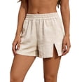 thumbnail image 3 of ClodeEU Women's Cotton Linen Elastic Waist Shorts, Casual Loose High Waist Summer Shorts with Pockets, Breathable Solid Color Beach Pants Beige,Women's Plus L, 3 of 6