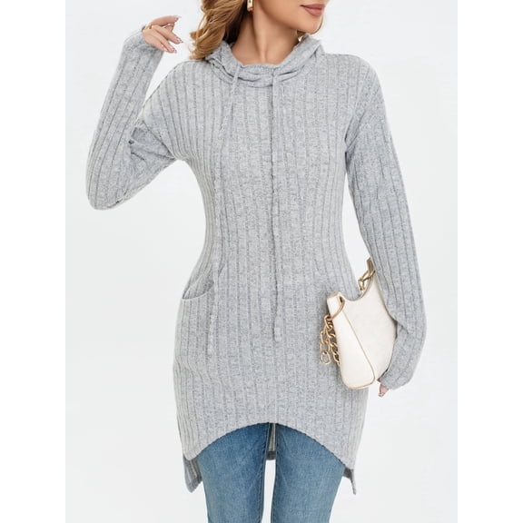 Women’s Long Knit Hooded Sweater Top – Soft Ribbed Pullover Hoodie with Front Pocket, Casual Cozy Fall Winter Tunic for Leggings