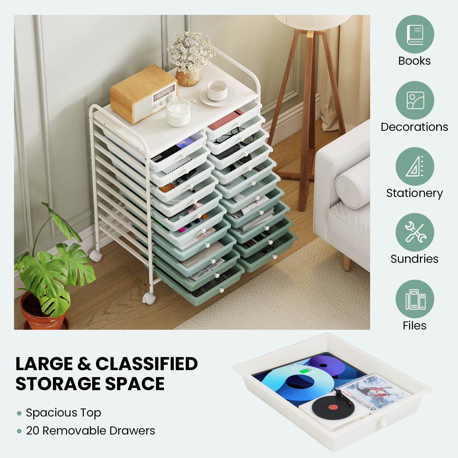 Costway 20-Drawer Rolling Art & Craft Storage Cart with Removable Drawers & Metal Frame,Lockable Wheels Gradient Green