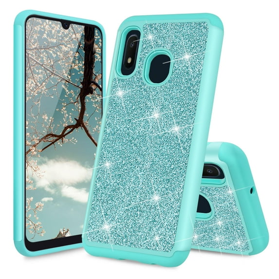 TJS Case for Samsung Galaxy A10E/Galaxy A20E (Not Fit Galaxy A10/M10), Glitter Bling Cute Girls Women Design Hybrid Phone Cover (Teal)