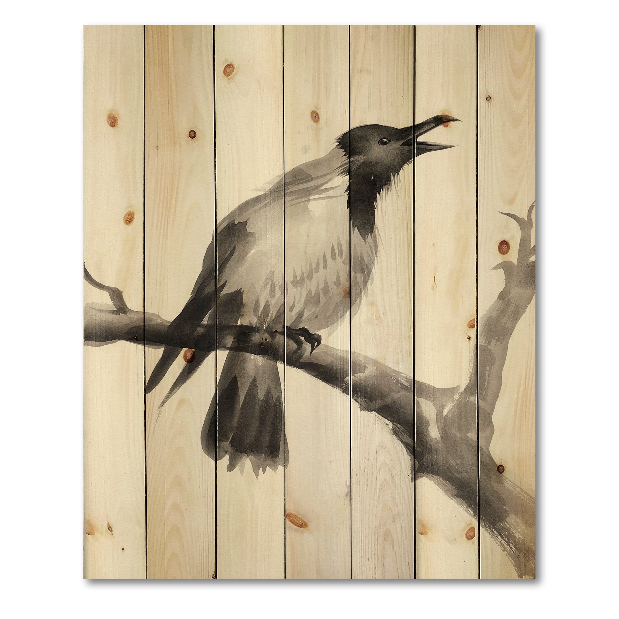 Designart 'Monochrome Crying Crow On A Branch' Traditional Print on Natural Pine Wood