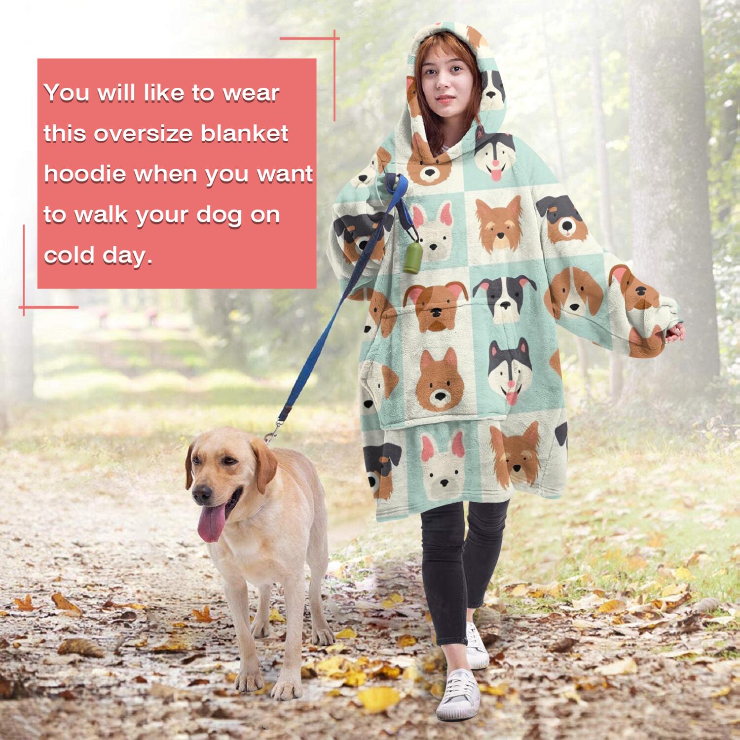 Lovely Dog Breeds Wearable Oversized Blanket,Wearable Blanket Hoodie for Adults,Cozy Hooded Blankets with Super Pockets,Super Warm Fuzzy Pullover for Women & Men