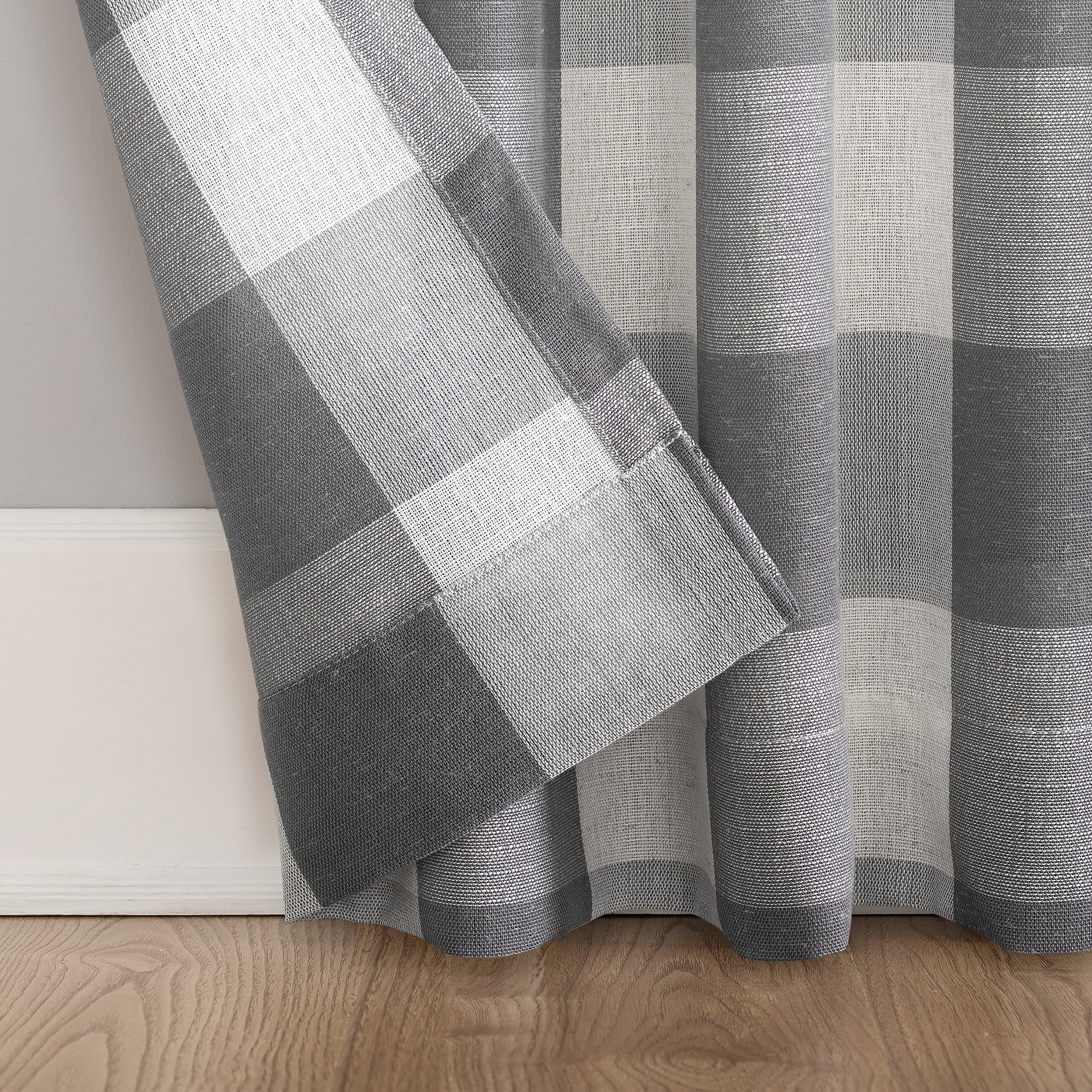Better Homes and Gardens Buffalo Plaid Semi-Sheer Back Tab Curtain Panel, 50" x 84", Gray