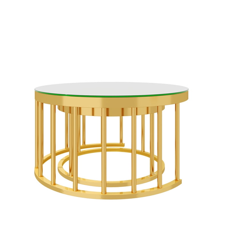 Round Nesting Coffee Table Set of 2, Modern Golden Metal Frame Accent Circular Cocktail Table with Mirrored Table Top