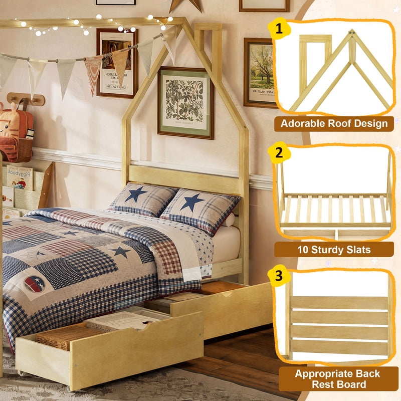 Twin Size Kids House Bed Frame, Montessori Child Floor Bed with 2 Storage Drawers, Wooden Low Profile Platform Bed