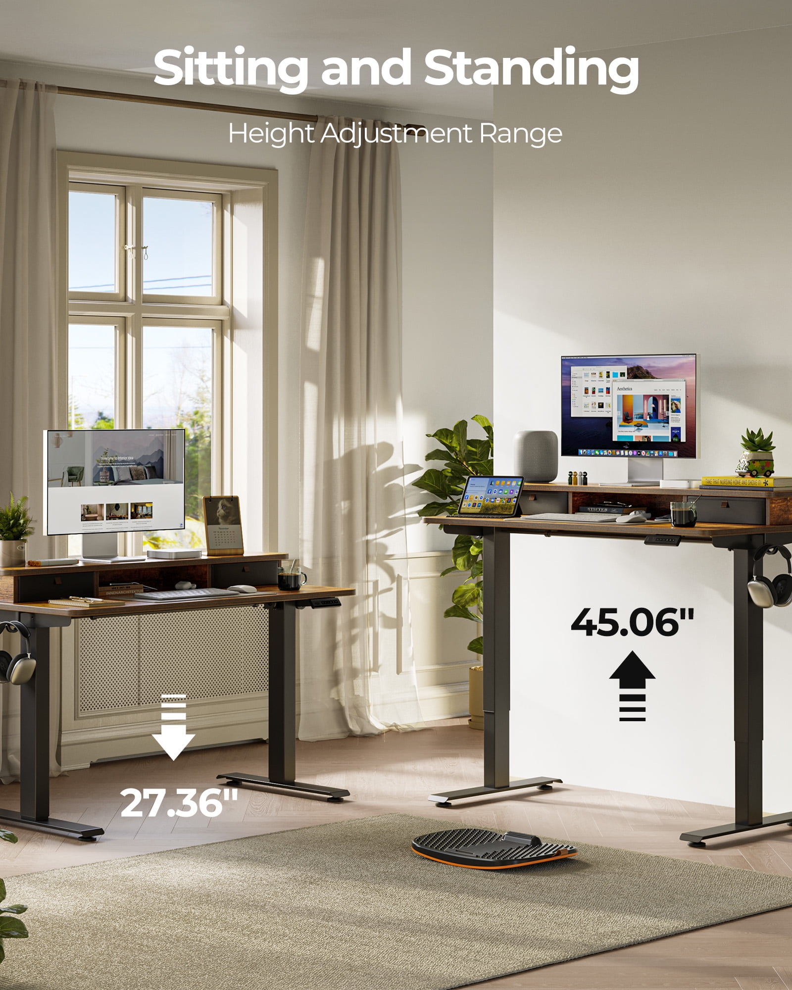 DESINO 40" x 24" Height Adjustable Electric Standing Desk with Double Drawers, Stand Up Desk with Storage Shelf, Home Office Desk Workstation with Splice Board, Rustic Brown