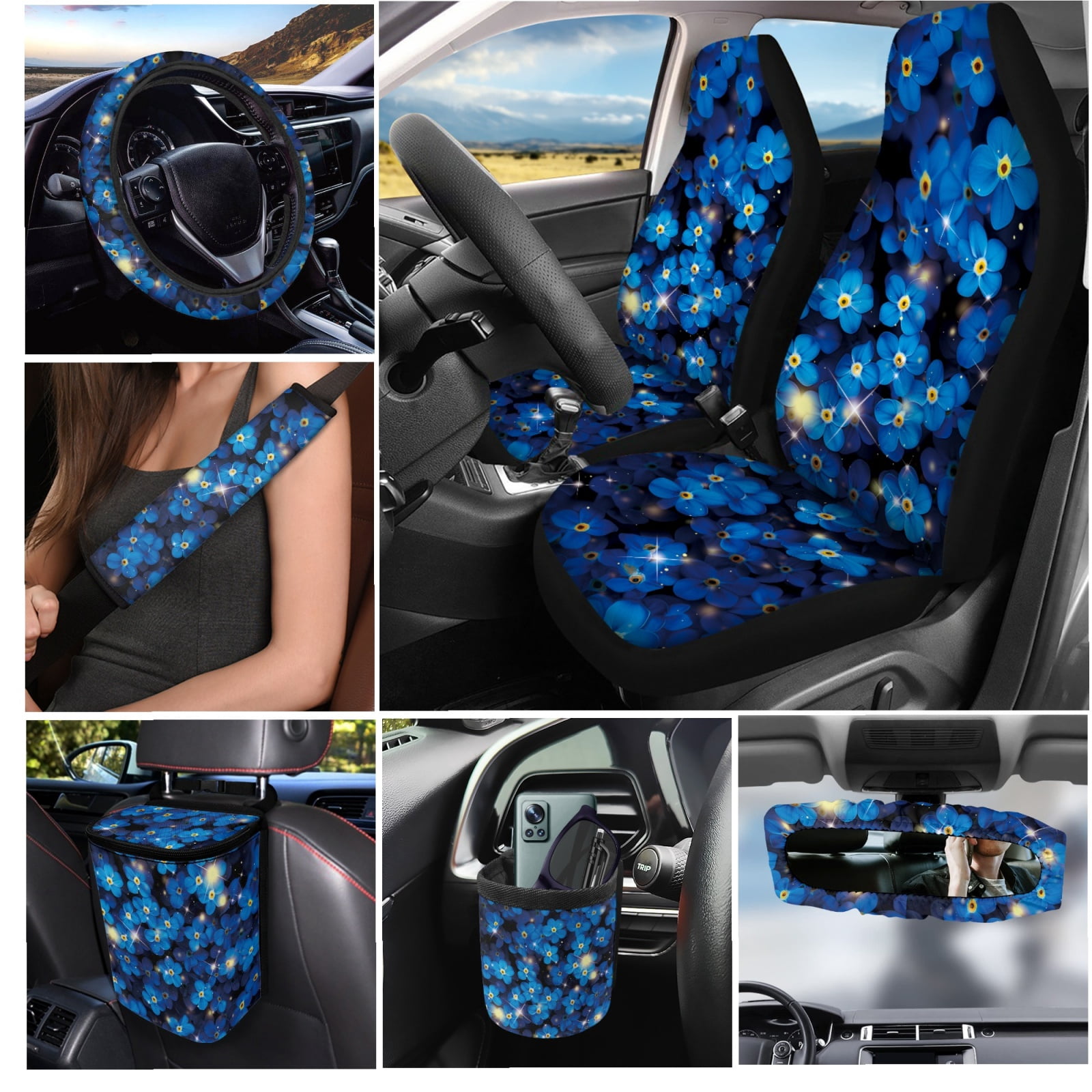 Yuyamidu 15 Pack Blue Flower Car Seat Cover Full Set Women Auto Seat Protector with Steering Wheel Cover Seat Belt Pads Trash Bin Air Vent Organizer Rear View Mirror Cover Coasters Key Chain