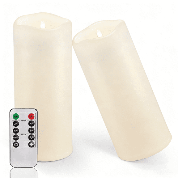 Homemory Flameless Pillar Candles, Waterproof Outdoor, Timer, Battery Operated, Flickering LED, Large 10 x 4 Inch, Set of 2