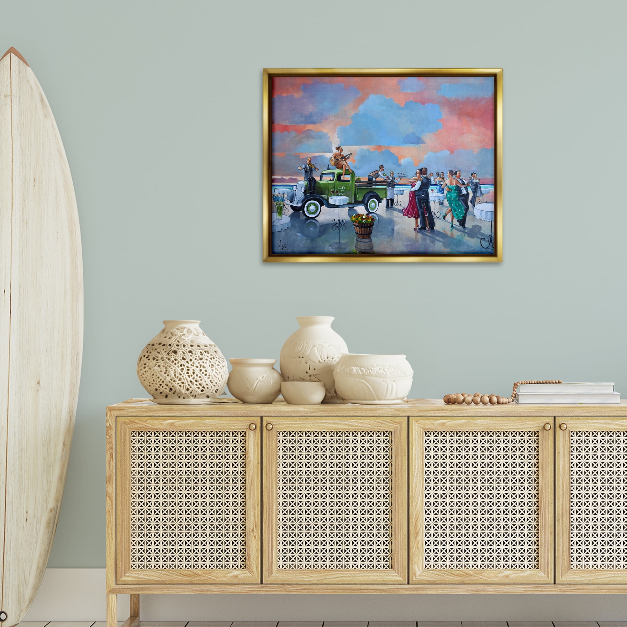 Stupell Industries Beach Ballroom Dance People Painting Gold Floater Framed Canvas Art Print Wall Art, 31 x 25