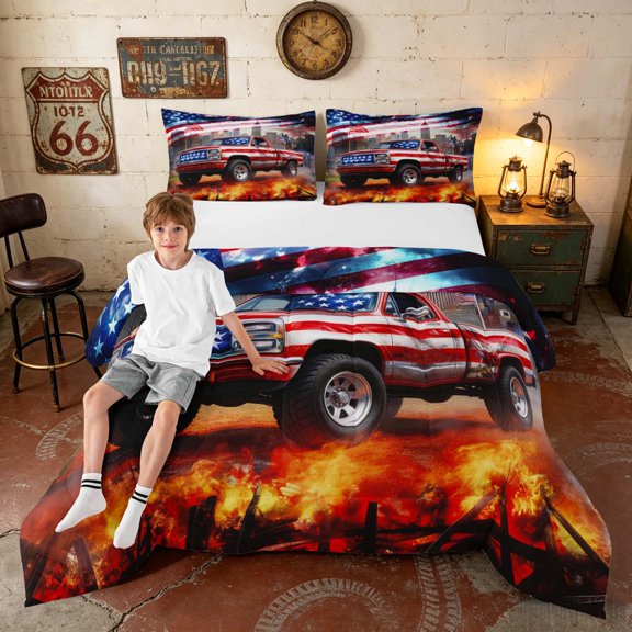Manfei US Flag Truck Queen Comforter Set, Fire Flame Comforter Sets Queen, Red White Blue, Black Reversible 3-Piece, 1 Comforter and 2 Pillowcases