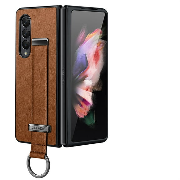Phone Case for Samsung Galaxy Z Fold 4, PU Leather Cover and Wrist Strap Kickstand Wristband Holder Stand Ring Silicone Protective Cell Accessories for Z Fold 4 for Women Men - Brown