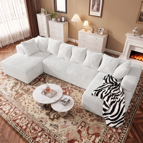 SEENYOO 130" Boneless Couch, Modern Couches for Living Room, U-Shaped 4-Seat Modular Sofa with Chaise, Oversized, No Assembly, White