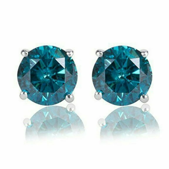 14K White Gold Plated Round Cut Lab Created Blue Diamond Stud Earrings