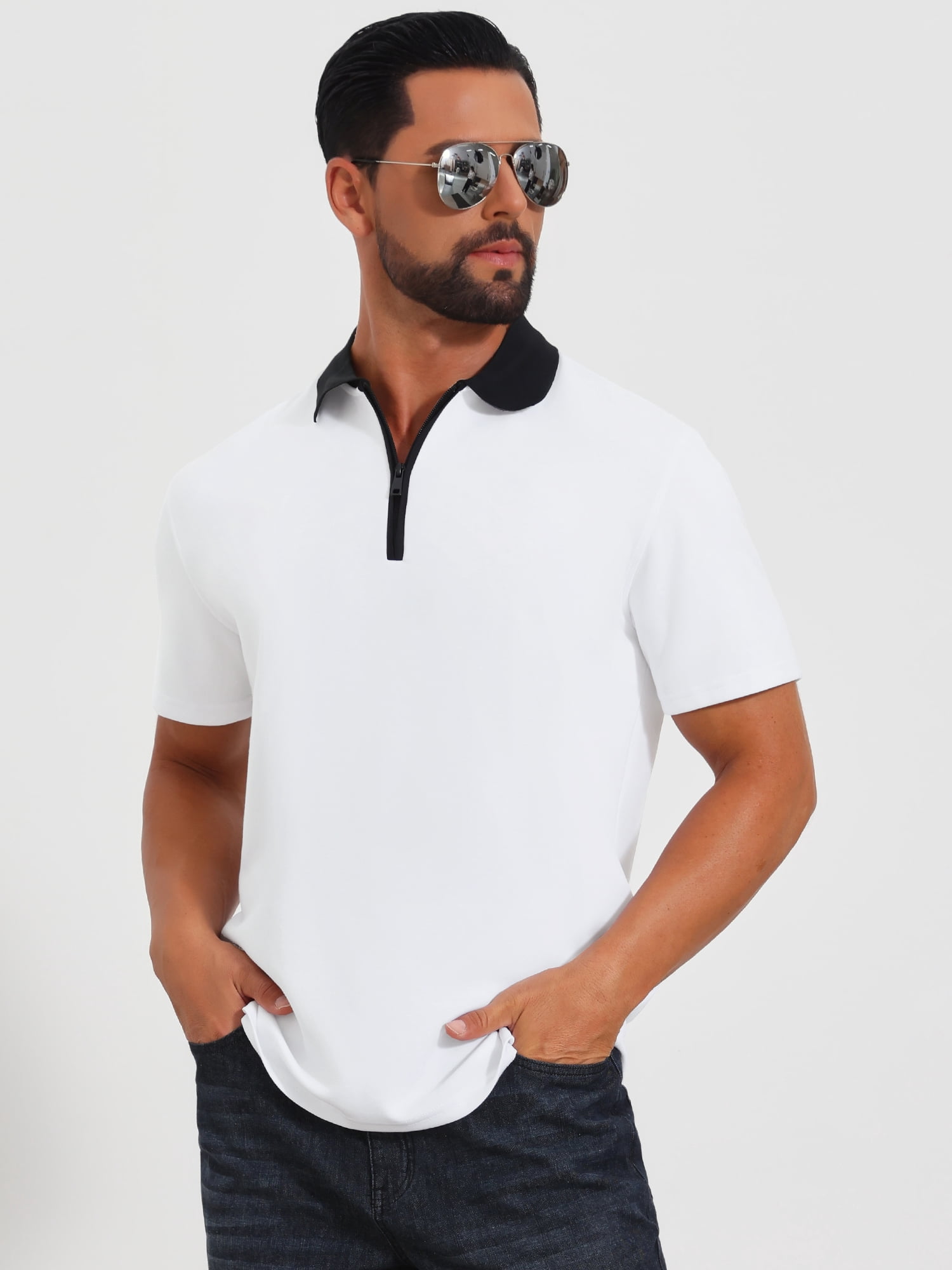 DARING DIVA Men's Zipper Closure Colorblock Short Sleeve Basic Polo Shirt S White