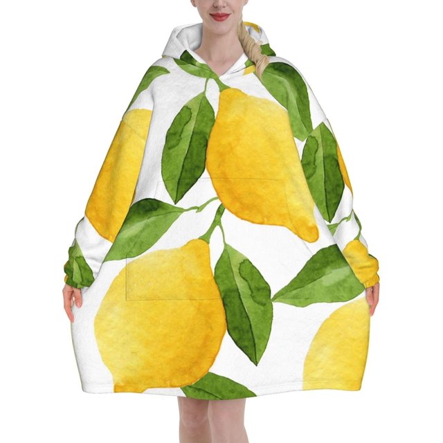 Lemon Leaf,Women's Oversized Wearable Blanket Hoodie, Blanket Sweatshirt,Flannel Pullover Blanket