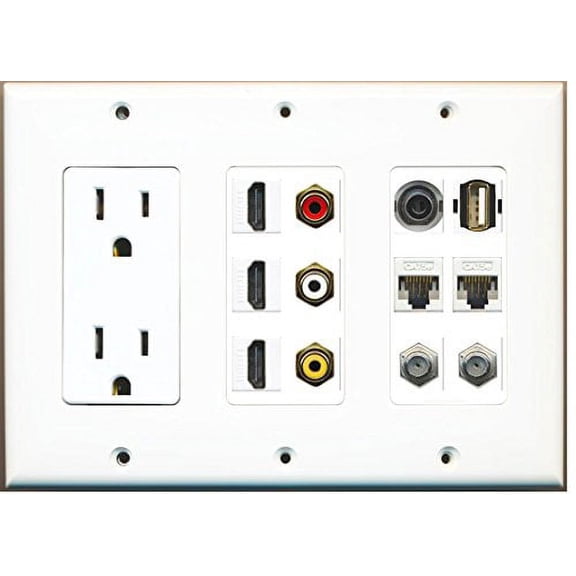 RiteAV - (3 Gang 15A Outlet 3 HDMI 2 Coax 2 Cat5e Composite Video 3.5mm USB Wall Plate