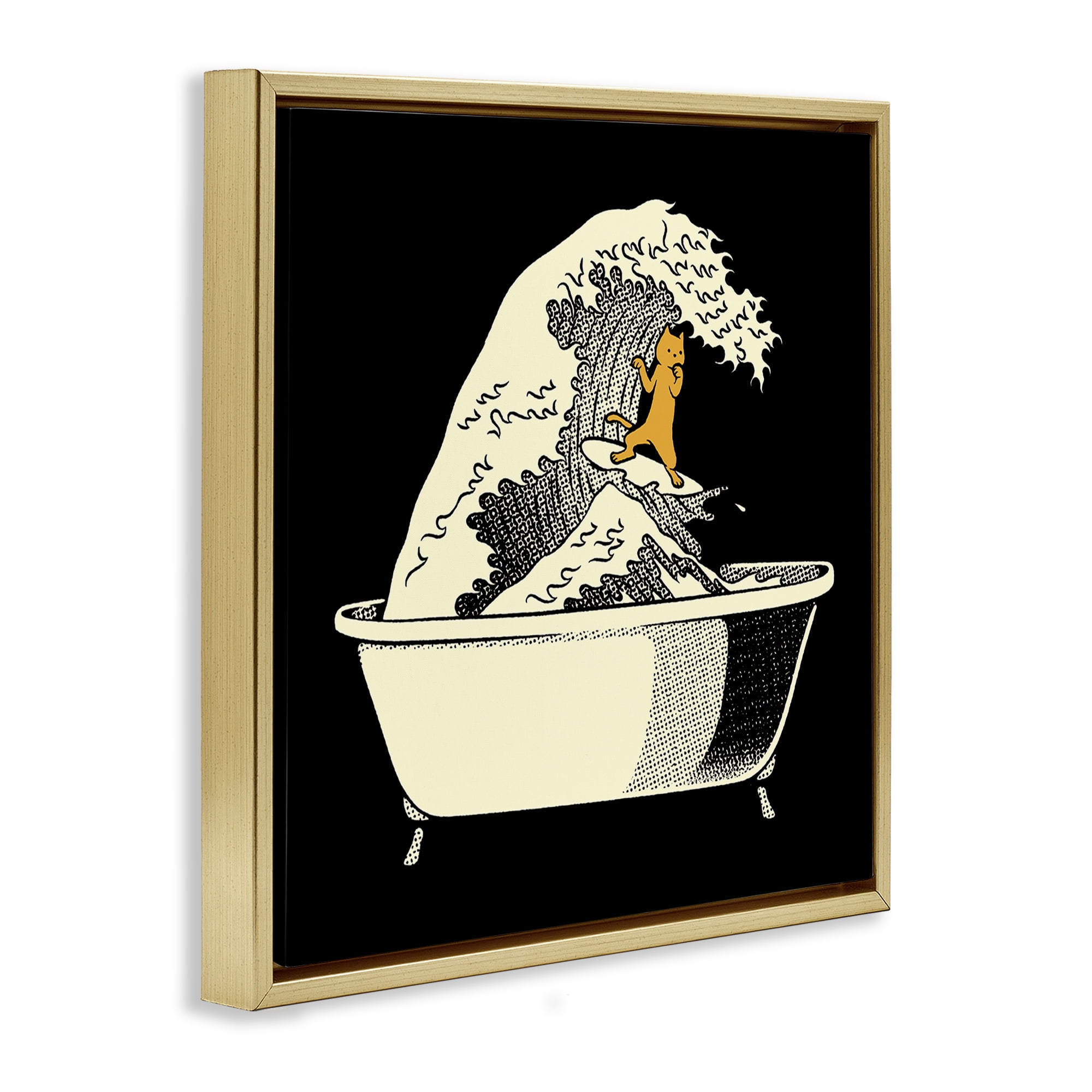 Stupell Industries Kanagawa Bathtub Cat Gold Framed Floater Canvas Wall Art, design by Tobe Fonseca