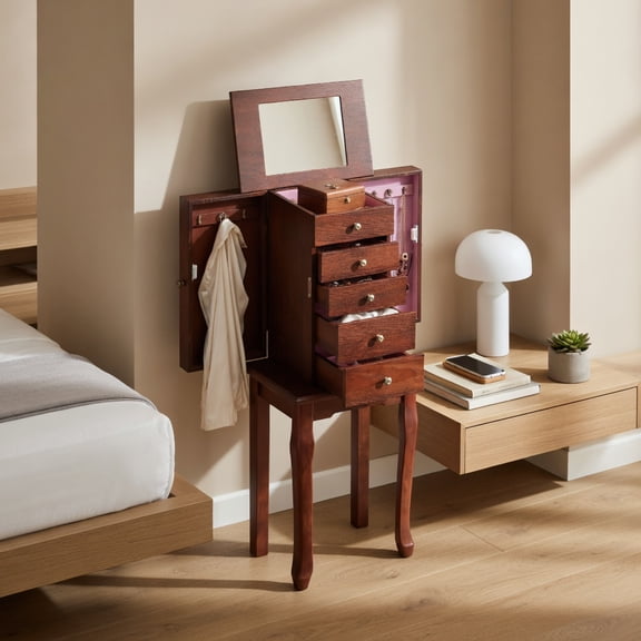 Demi Bonn 2-Color Freestanding Jewelry Cabinet, 5 Drawers 2 Side Compartments 8 Hooks, Lift-Top Mirror Stable High Legs, Brown