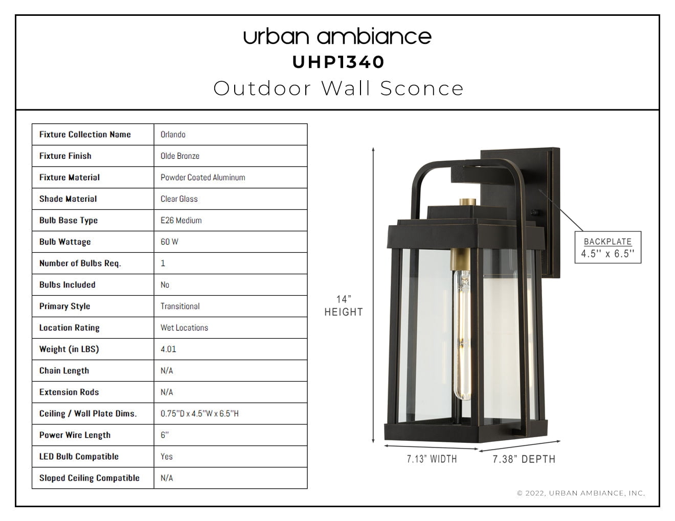 Luxury Transitional Wall Sconce, 14H x 7.125W, with Modern Style, Olde Bronze, UHP1340 by Urban Ambiance
