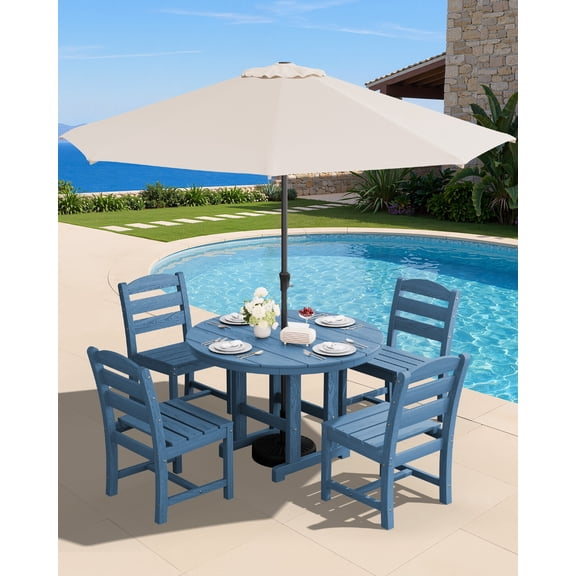SERWALL 6-Pc Dining Set, 45" Table, 4 Chairs, 9FT Umbrella, Navy (No Base)