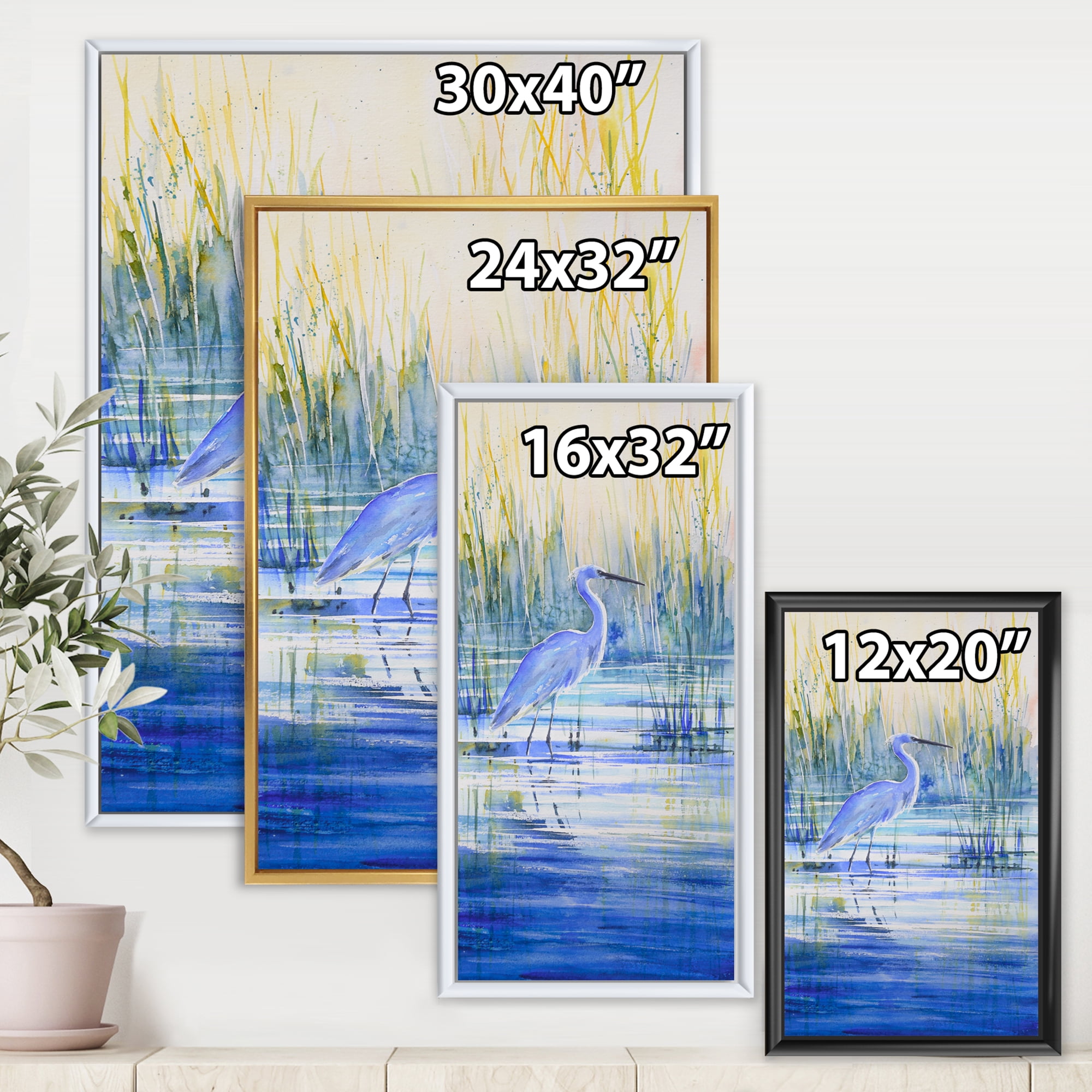 Designart 'Blue Heron On The Lake Shore' Traditional Framed Canvas Wall Art Print
