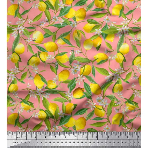 Soimoi Viscose Chiffon Fabric Leaves,Floral & Lemon Vegetable Print Fabric by The Yard 42 Inch Wide