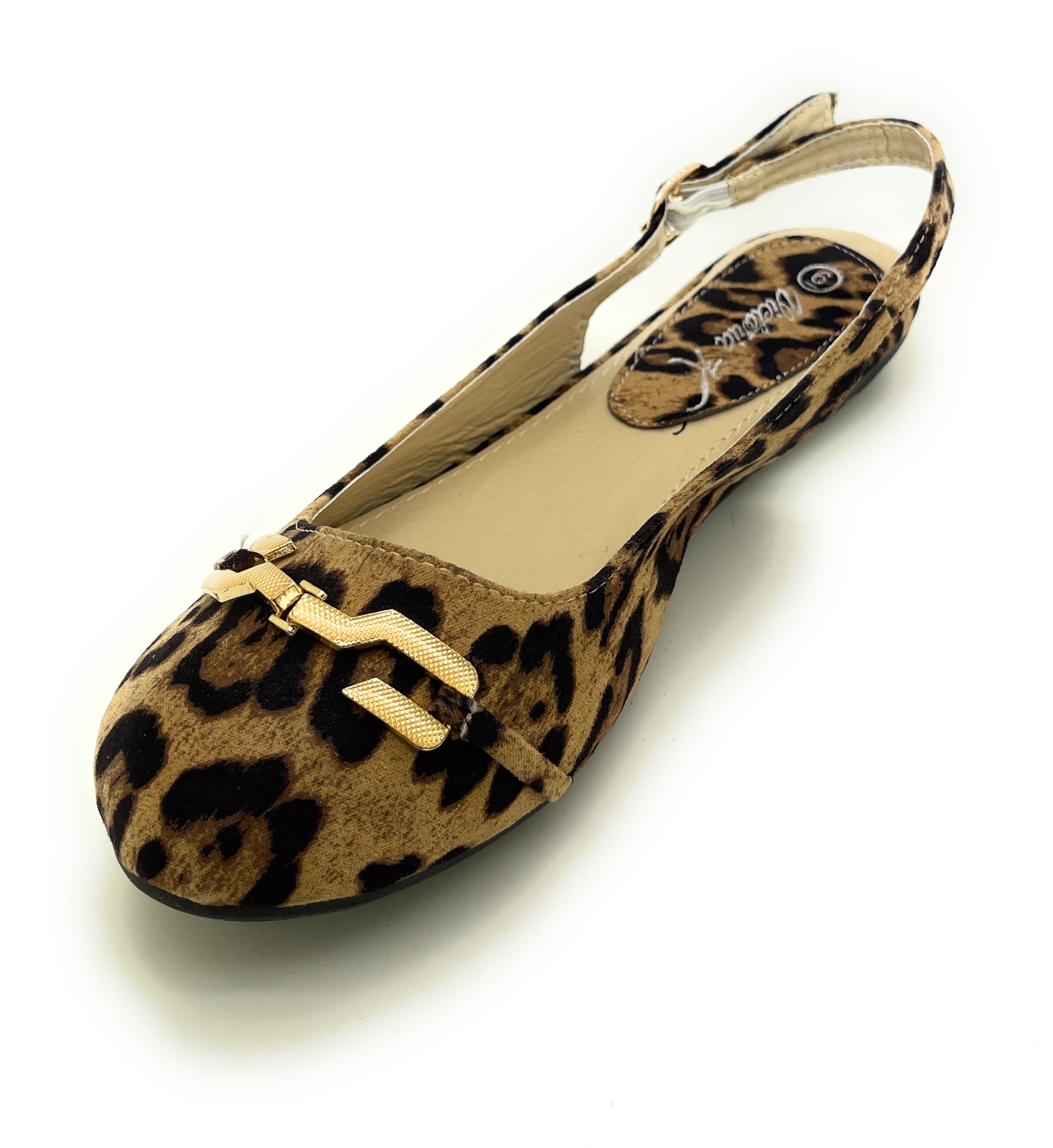 Women’s Leopard Print Slingback Flats – Open Back Pointed Toe Slip-On Shoes with Gold Chain Accent – Stylish Comfortable Casual Dress Flats for Work, Travel, or Everyday Wear