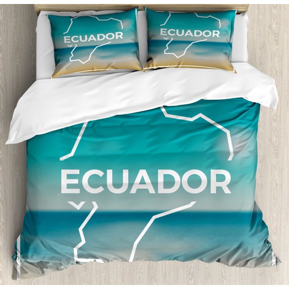 Ecuador Duvet Cover Set Queen Size, Ecuador Calligraphy in White Frame with Blurred Beach Sky and Ocean Background, Decorative 3 Piece Bedding Set with 2 Pillow Shams, Multicolor, by Ambesonne