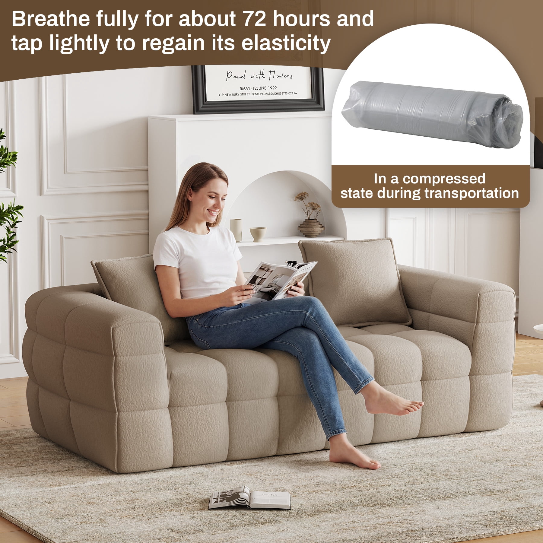 Wiilayok 66.5" Loveseat Sofa,Chenille 2 Seater Deep Seat Sofa Couch, No Assembly Required,Light Camel