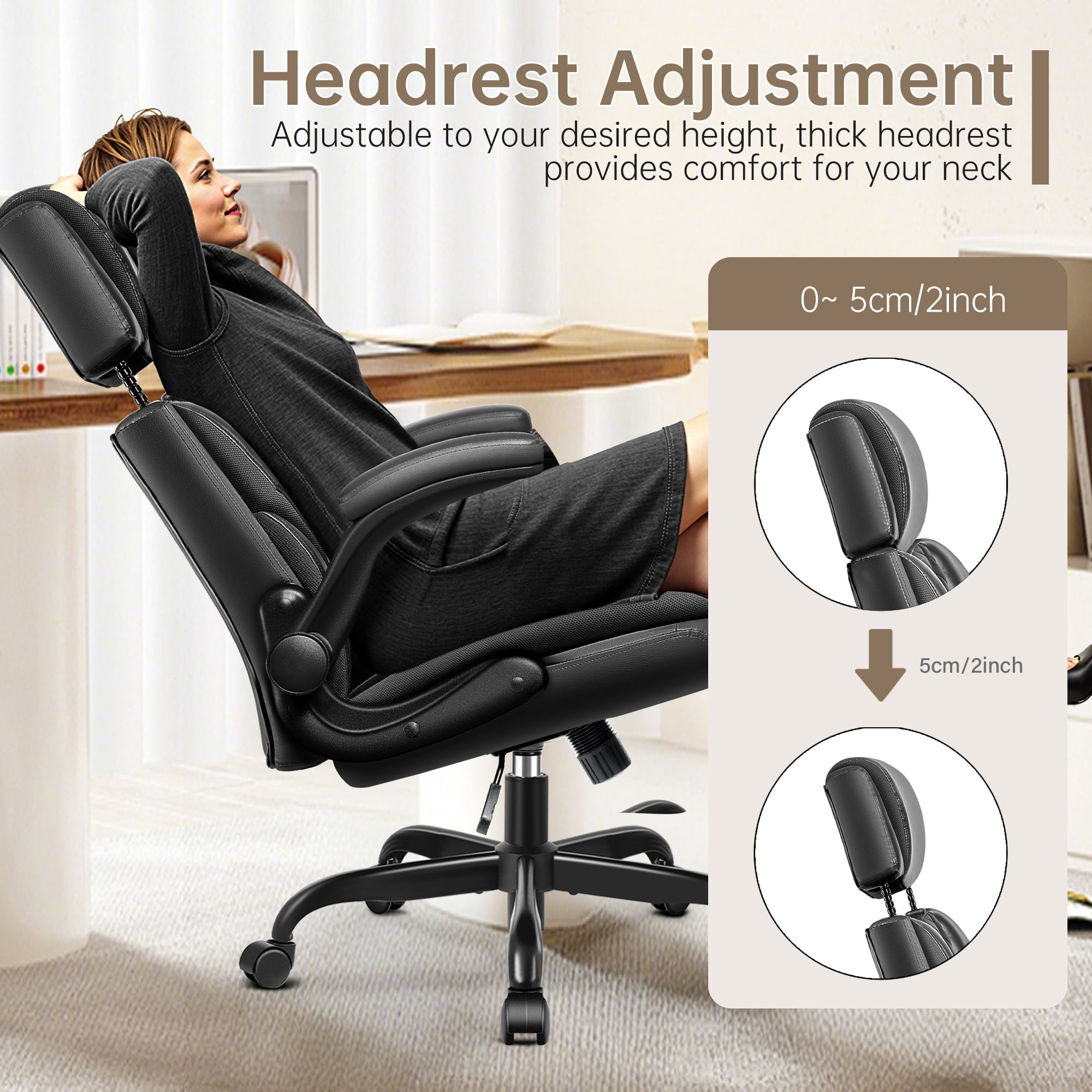 FASTES Big and Tall Ergonomic Office Chair - Black Leather Computer Desk Chair, Reclining High Back Ergonomic Chair with Adjustable Headrest & Lumbar Support