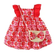 Haokaini Baby Girls Dresses Toddler Ruffled Sleeveless Flower Sundress with Straw Crossbody Bag
