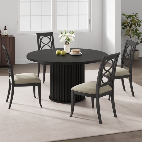 COZONY 47" Round Farmhouse Dining Table, Sculptural Waveform Metal Pedestal Base, Seats 4‑6, Distressed Wood Top for Kitchen & Dining Room,Black