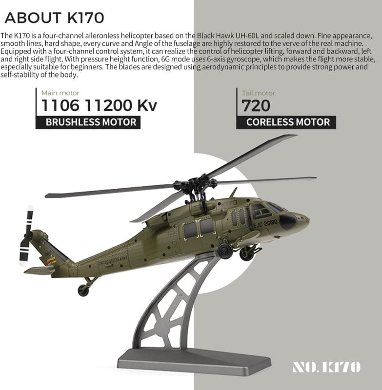 Bruce&Shark K170 RC Helicopter Model, Black Hawk UH-60L 170 Size 4CH Flybarless Helicopter with Adjustable Left and Right Hand Throttle (RTF Version)