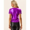 thumbnail image 3 of Camiseta de Color Metálico Allegra K Cuello En V Party Clubwear Shiny Top Púrpura S, 3 of 5