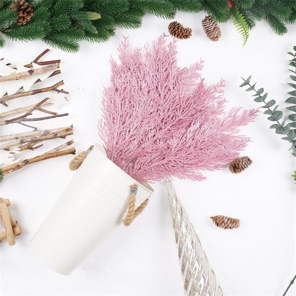 NOGIS Christmas Glitter Twigs 24pcs Artificial Pine Tree Picks for Christmas Tree Ornaments fillers, DIY Xmas Wreath, Crafts, Garland, Holiday, Party, Wedding and Home Decoration (Pink)