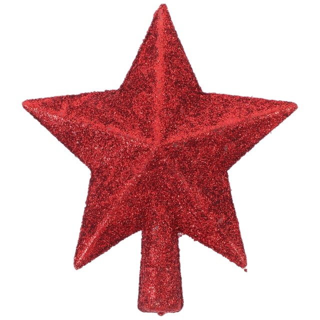 mini estrella roja brillante nicexmas treasures para la parte superior del árbol de navidad. Adorno punta del árbol de cinco puntas, rojo cubierto de purpurina en diseño tridimensional de doble cara; vista frontal centrada, base cónica para fijar al árbol; tamaño compacto (11.5 x 10.5 x 1.5 cm), también apta para pueblos navideños y manualidades.