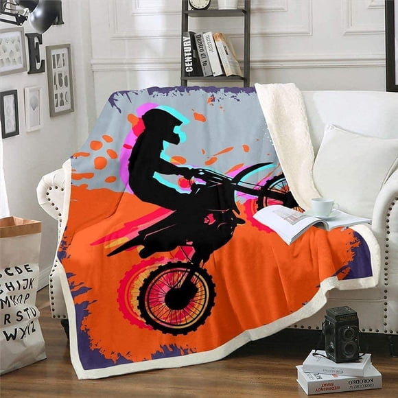 Couverture de Moto pour Garçons, Literie de Motocross Moderne, Couverture en Peluche, Jeté de Coureur de Moto, Couverture en Polaire Douce, Orange Esthétique, Cadeau pour Enfants Bébé 30 Pouces X 40 Pouces