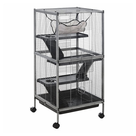 Ferret Cage, Chinchilla Cage, Sugar Glider Cage - Rolling Metal Animal Cage w/Hammock & 4 Tiers - Gray
