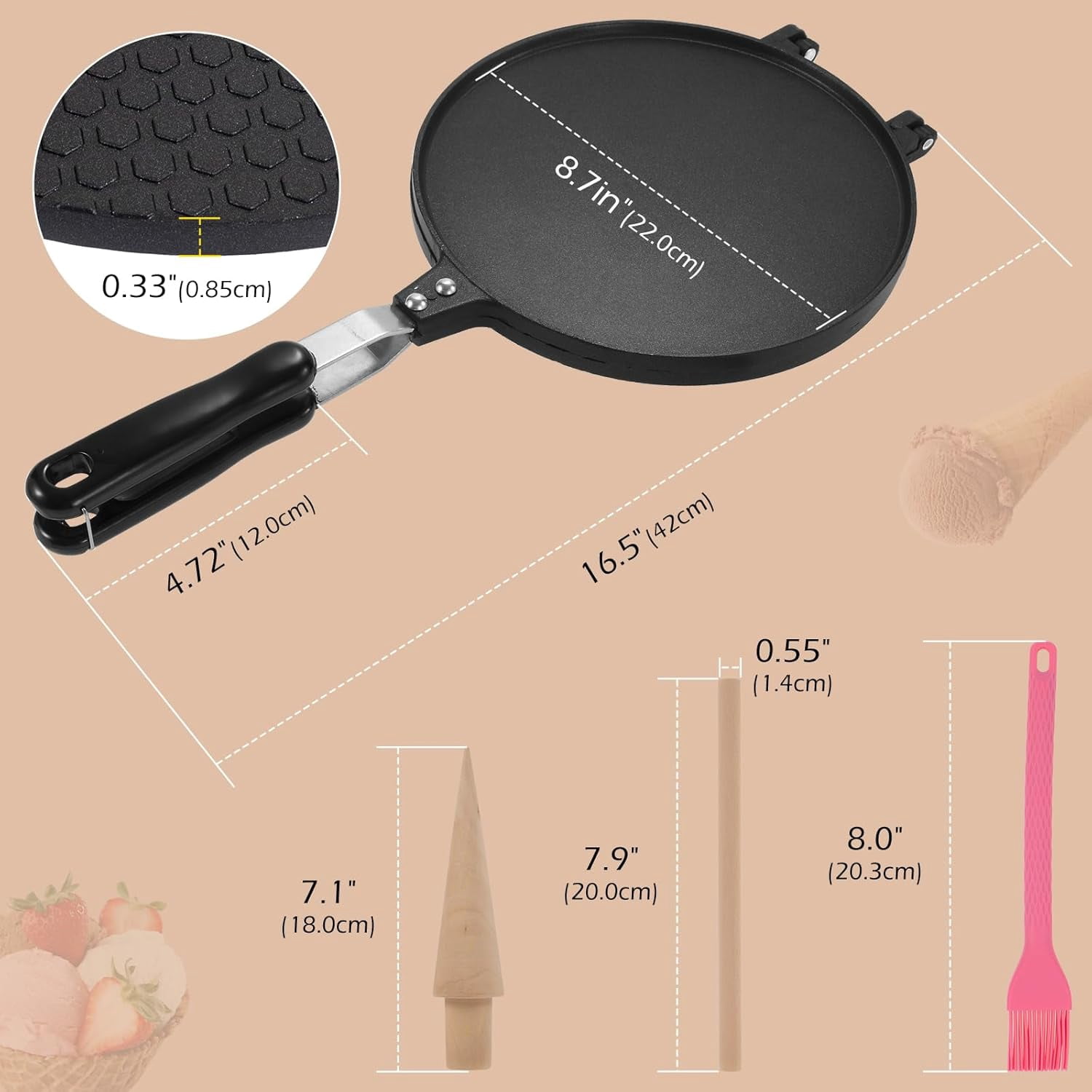 Waffle Cone Maker Non-stick Ice Cream Cone Maker 8.66 inches Aluminum Egg Roll Mold for Crispy Rolls