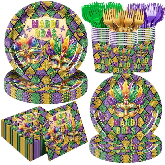 120pcs Mardi Gras Plates Napkins Paper Cups Forks for Mardi Gras Party Supplies Colorful Disposable Tableware Set Party Decorations Serve 24 Guests