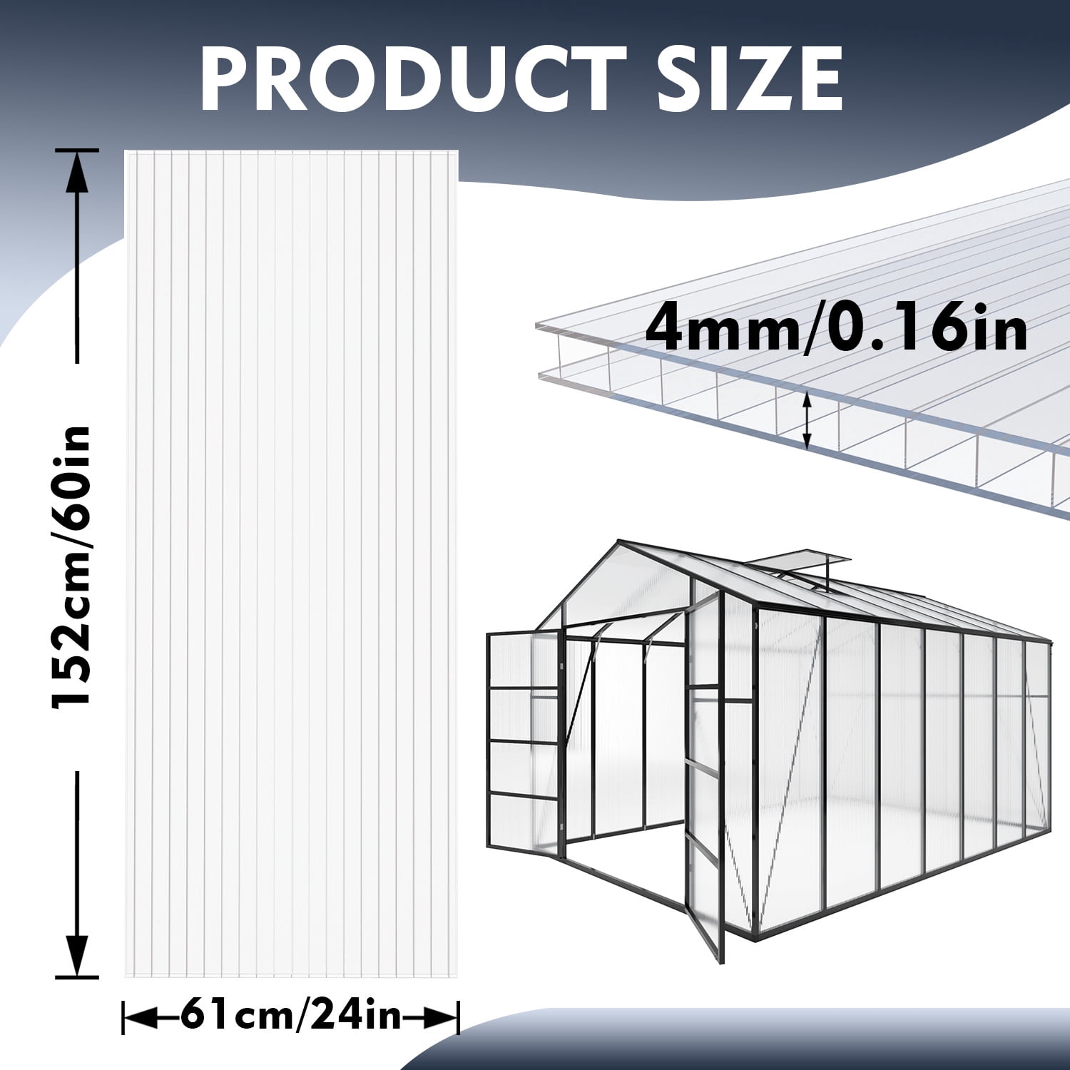 Miniyam 12 Pack 5' x 2' Twin-Wall Polycarbonate Greenhouse Panels, High Light Transmission Insulated Sheets for Glass Roofing Replacement, Balcony Divider