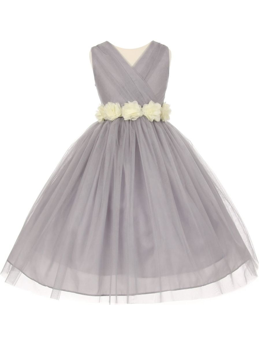 Little Girls Ivory Silver Chiffon Floral Sash Tulle Flower Girl Dress