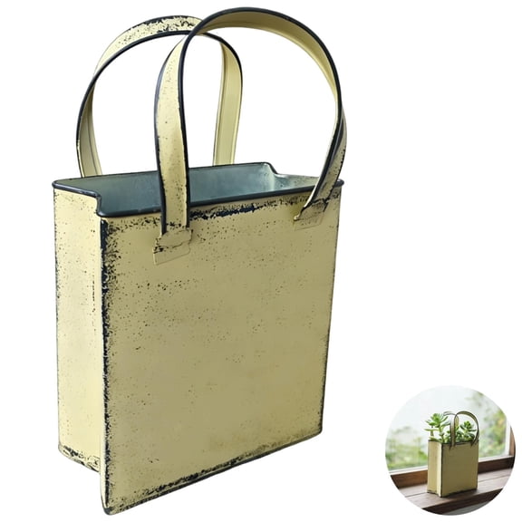 Metal Bucket Flower Pot in Vintage Style, Small Shabby Chic Metal Rustic Flower Pots in Handbag Shape with Handle, Distressed Yellow Decorative Planter for Garden Balcony Wall Hanging