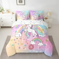 thumbnail image 2 of Feelyou Dreamy Unicorn Kids Bedding Comforter Set 7 Pieces, Cartoon Rainbow Cloud Full Bedding Set, Glitter Stars Print Reversible Fitted Sheet Flat Sheet, Microfiber Bedroom Decor, 2 of 7