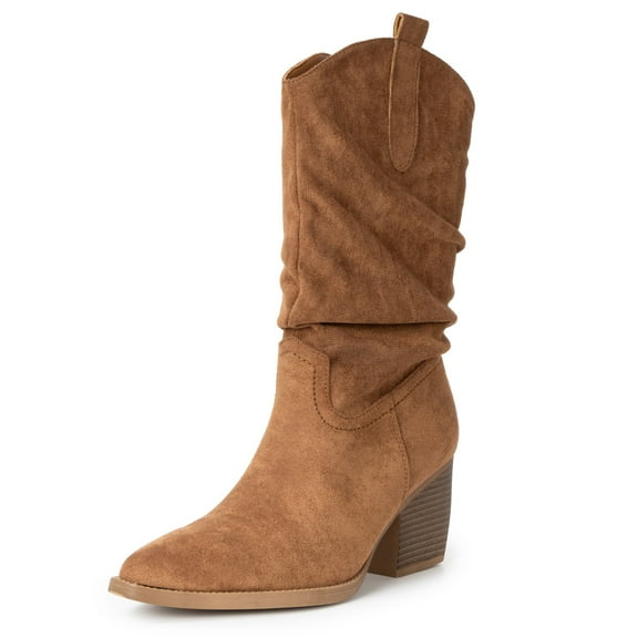 Alpine Swiss Kayla Womens Western Slouch Boots Mid Calf Block Heel Cowboy Boots