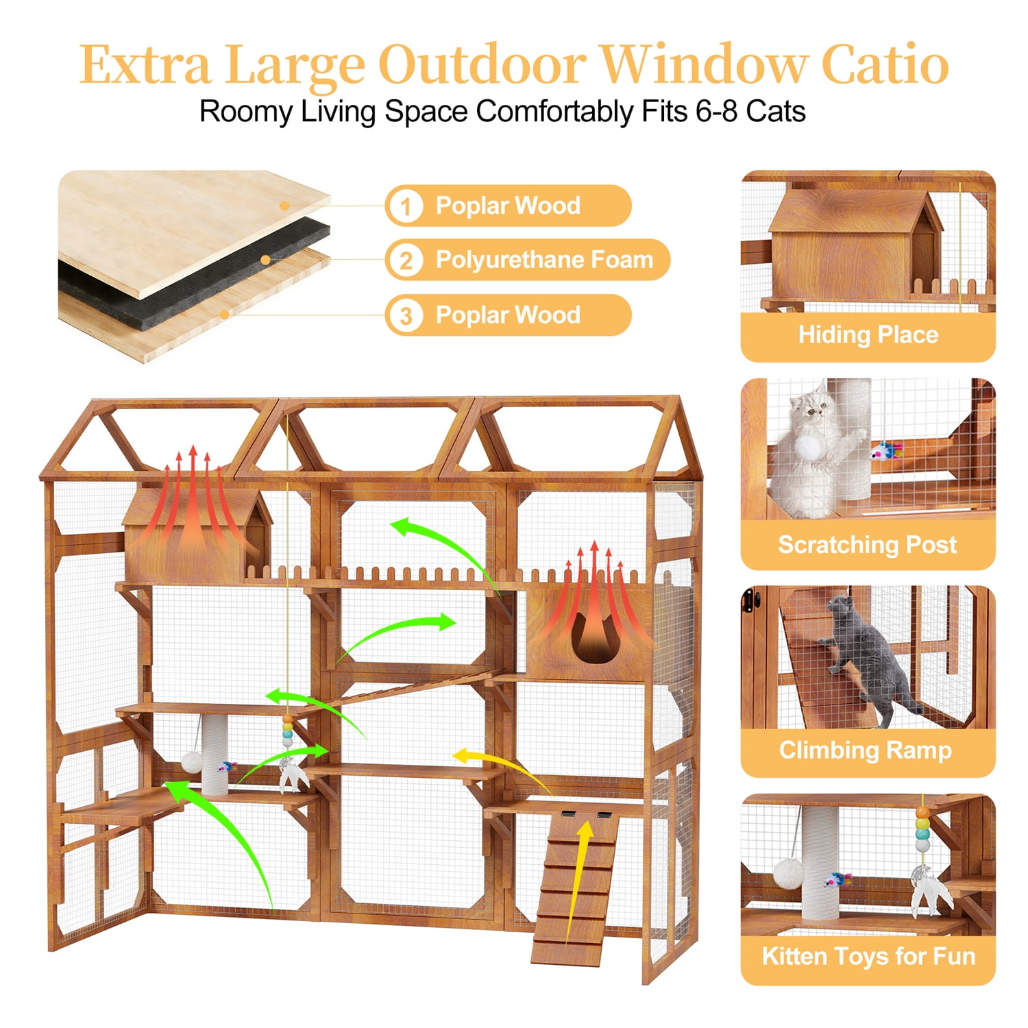 YIORTWO Outdoor Catio with Built-in Plant Stands, 4-Tier Wooden Cat Enclosure for 6 Cats, Weather-Resistant Large Cat House with Scratching Posts, Ramps & Resting Boxes, Brown